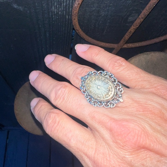Art Deco Adjustable Camphor Glass Style Victorian Filigree Revival Ring - Picture 4 of 4